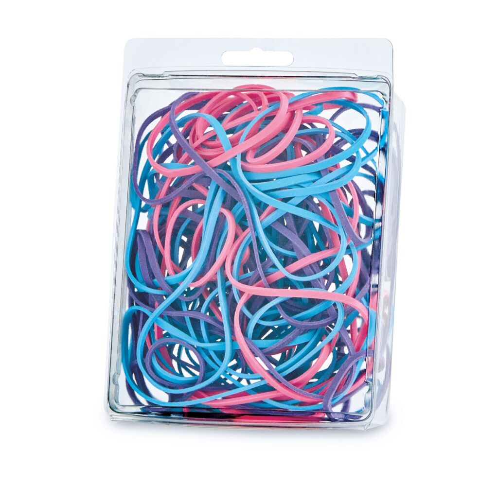 Clear package filled with pink, blue, and purple elastic hair bands
