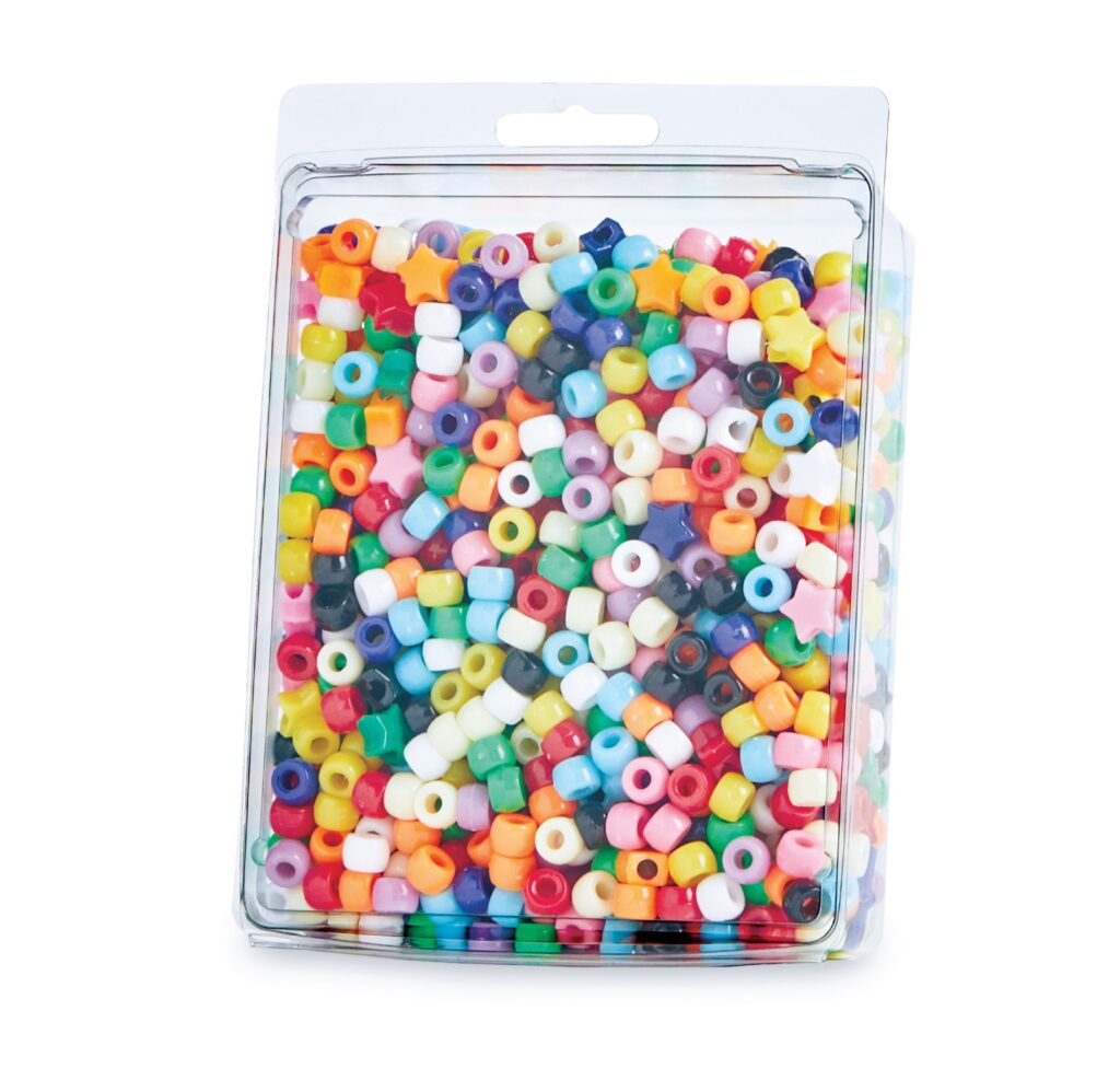 Clear container filled with colorful plastic beads in assorted shapes