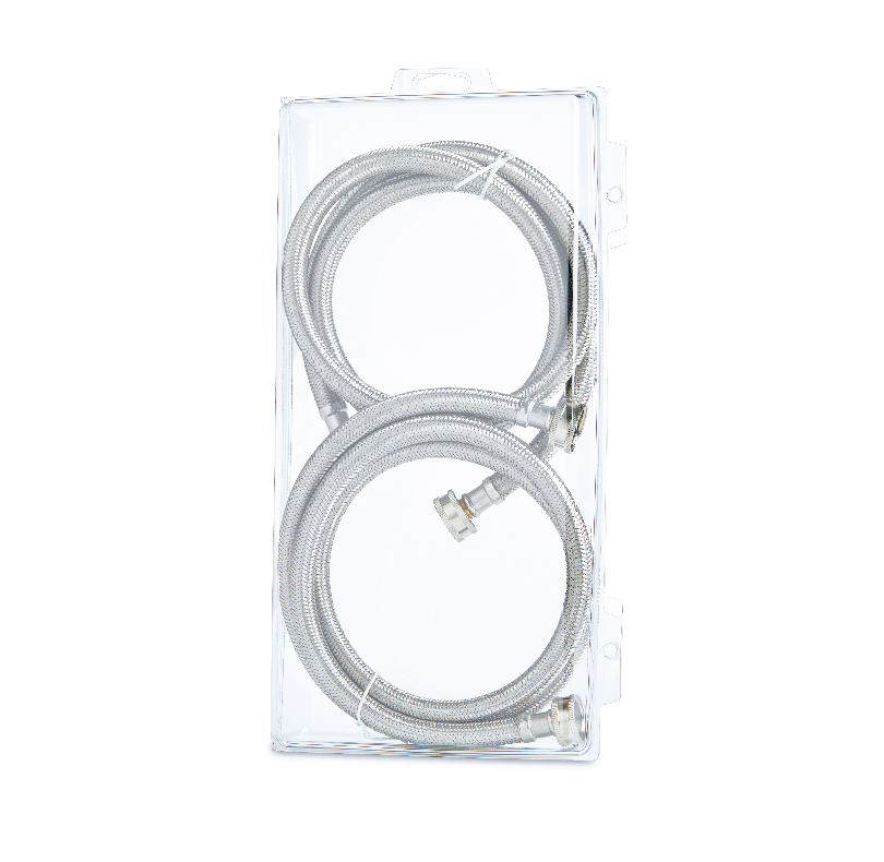 Coiled braided metal hose assembly in clear plastic packaging