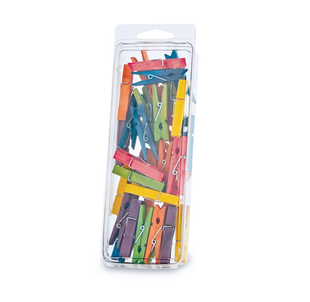 Package of colorful wooden clothespins in assorted colors