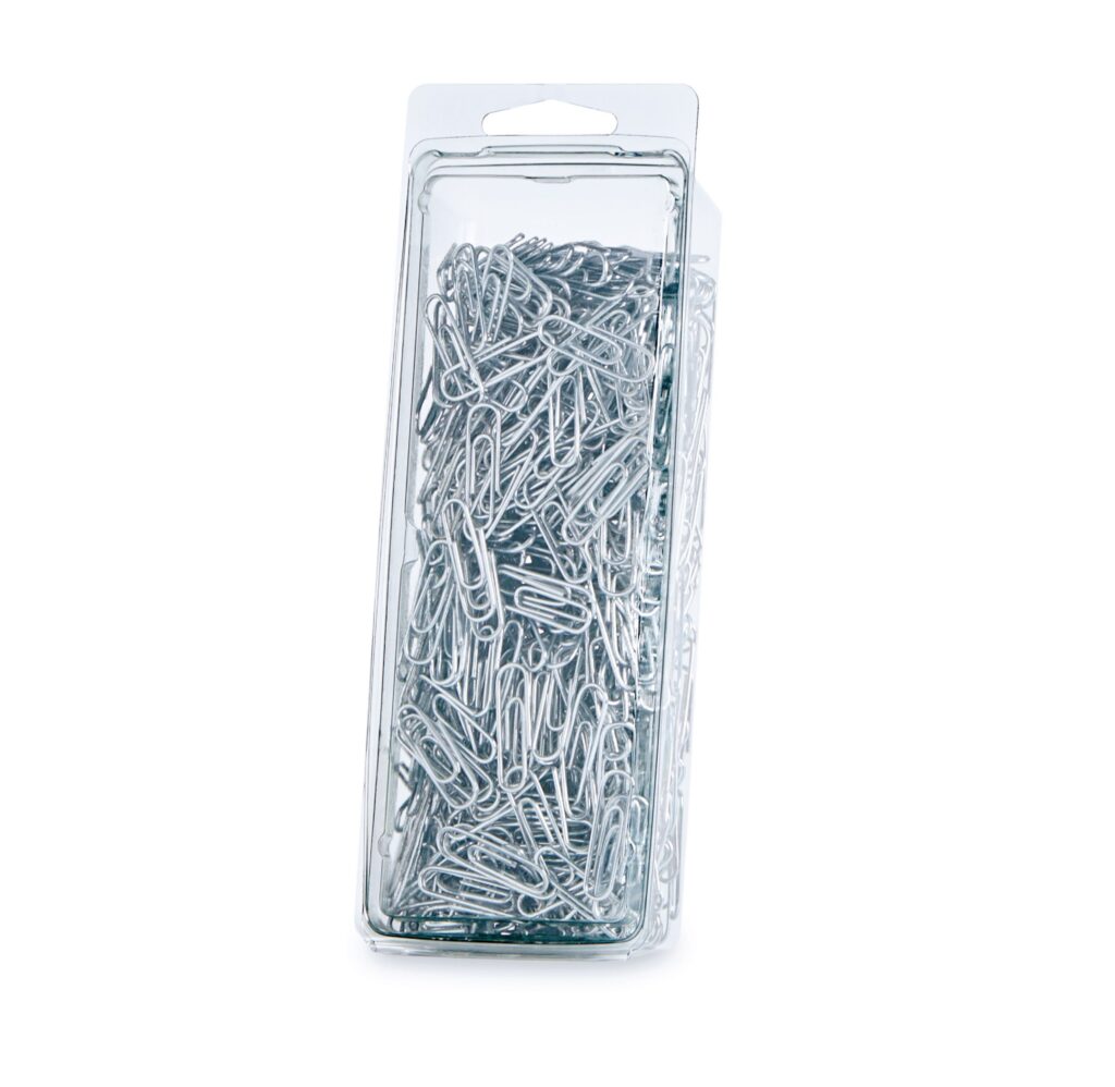 Clear package filled with silver paper clips