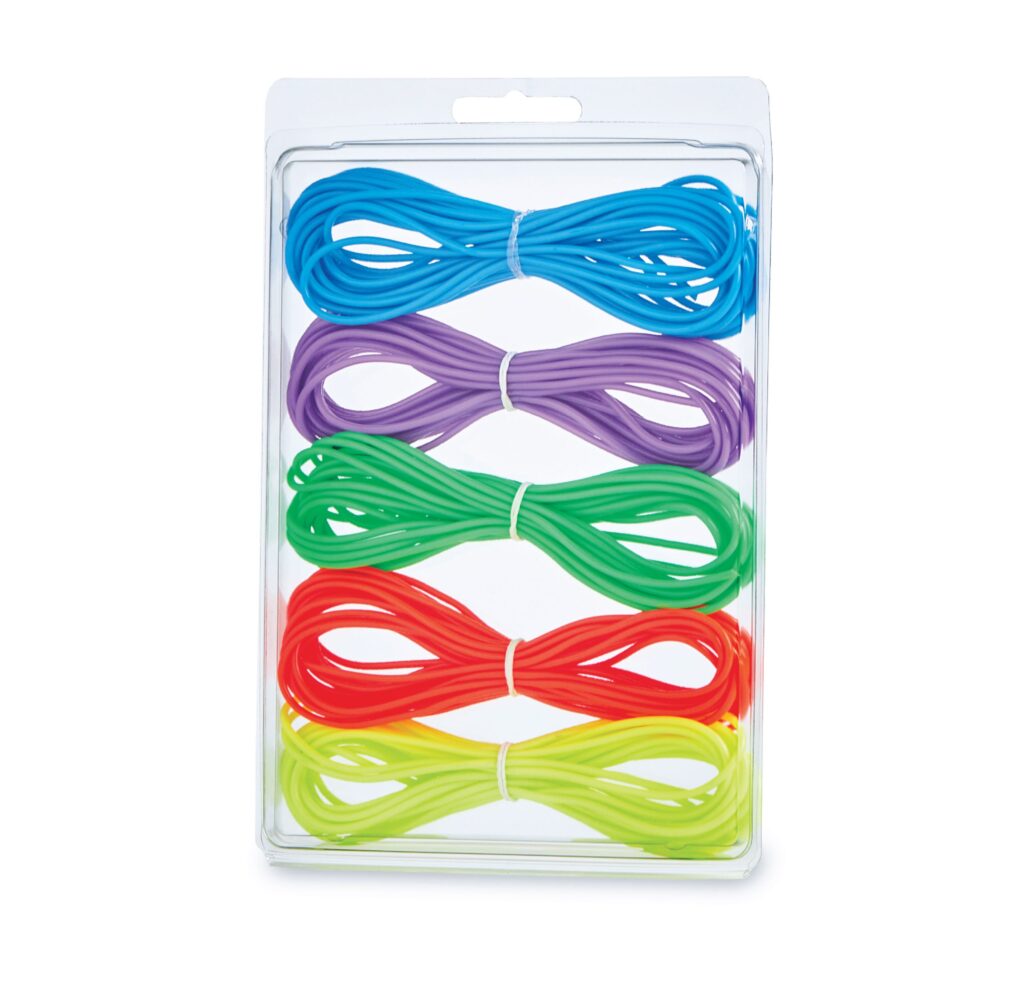 Package of colorful looped elastic cords in blue, purple, green, red, and yellow