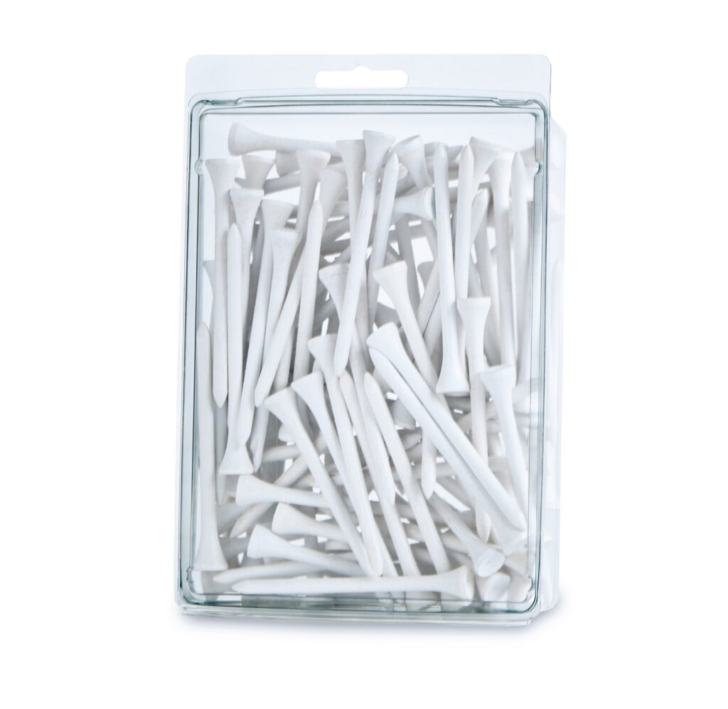 White golf tees in a clear plastic package