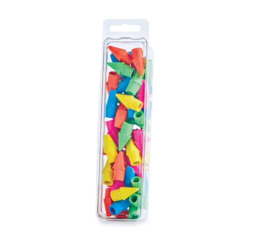 Clear package filled with colorful geometric plastic pieces in assorted shapes