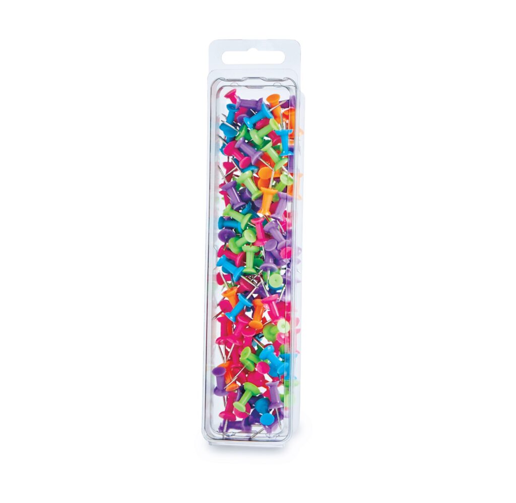 Package of assorted colorful push pins