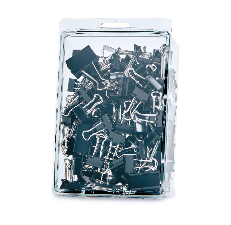 Box of black binder clips in clear packaging