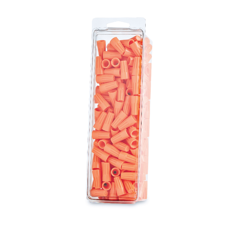 Package of orange ribbed wire connectors