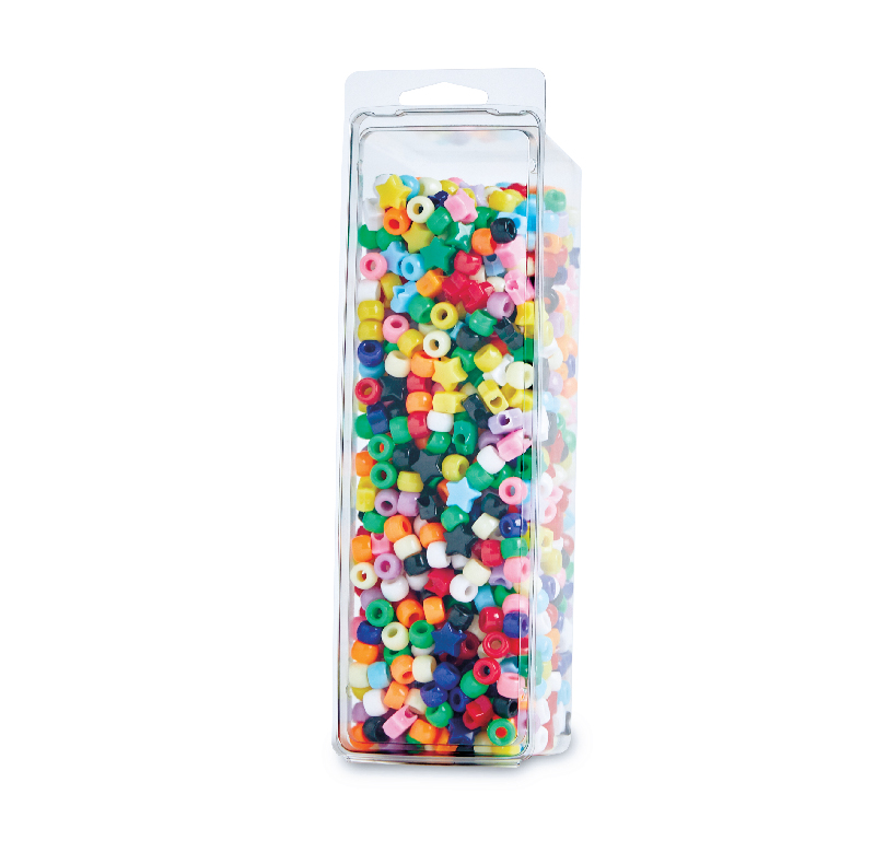 Clear container filled with colorful plastic beads in assorted shapes