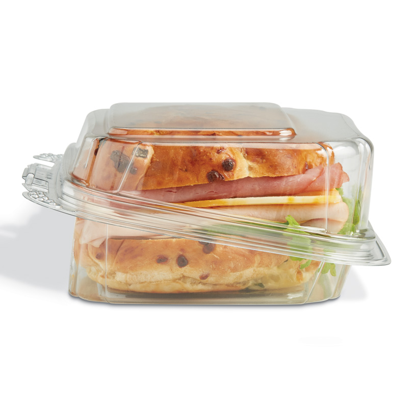 Two sandwiches stacked in a clear plastic container