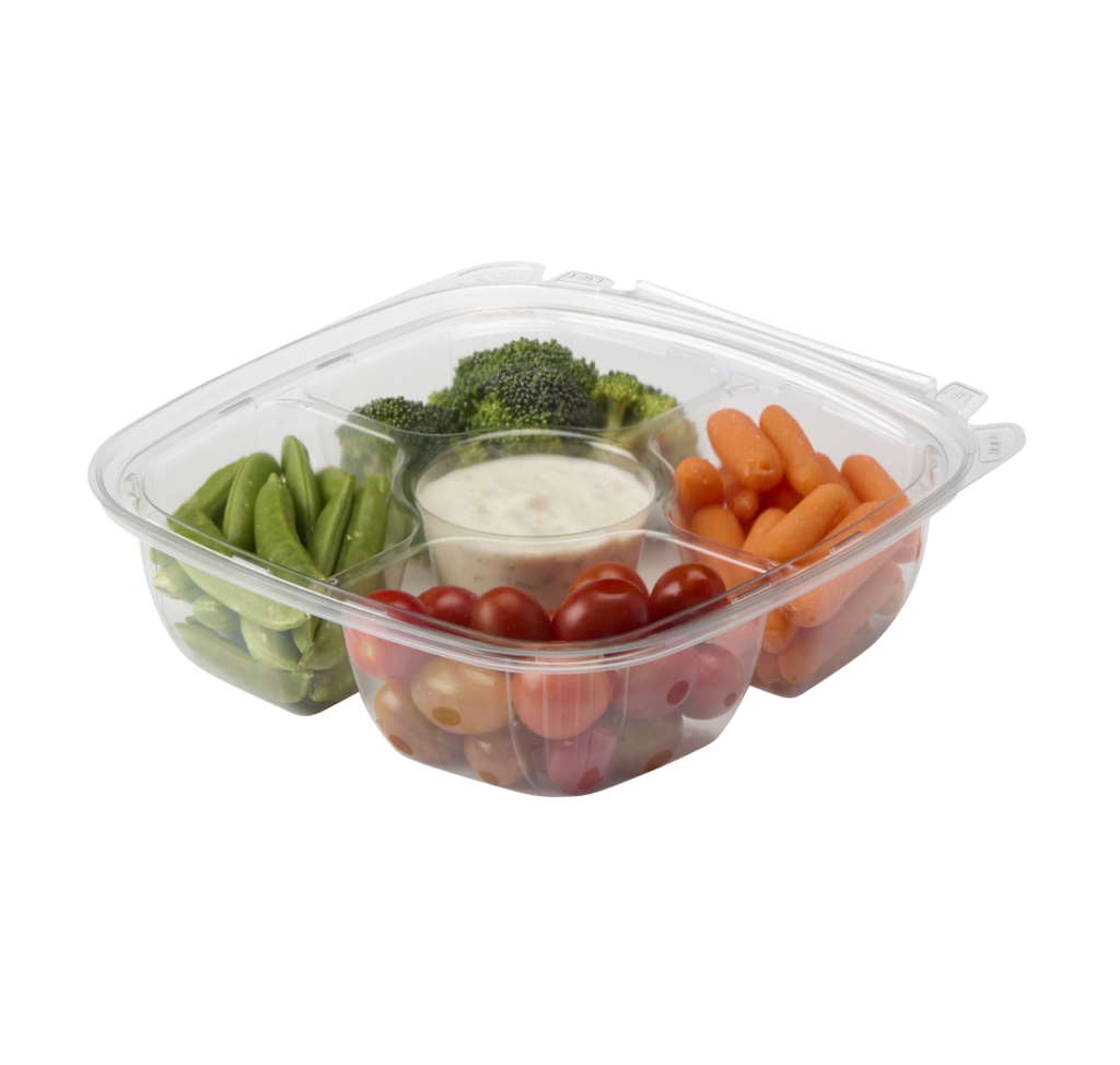Vegetable snack tray with snap peas, cherry tomatoes, baby carrots, broccoli, and dip