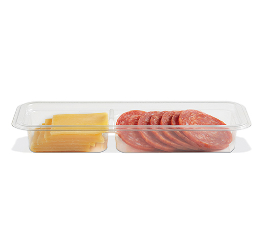 Clear divided tray holding slices of cheese and salami