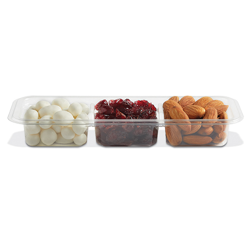 Clear three-compartment container filled with mozzarella balls, dried cranberries, and almonds
