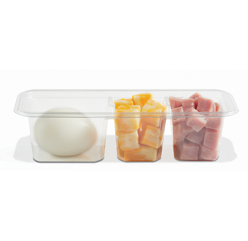 Three-compartment food storage container holding an onion, sliced cheese, and diced ham