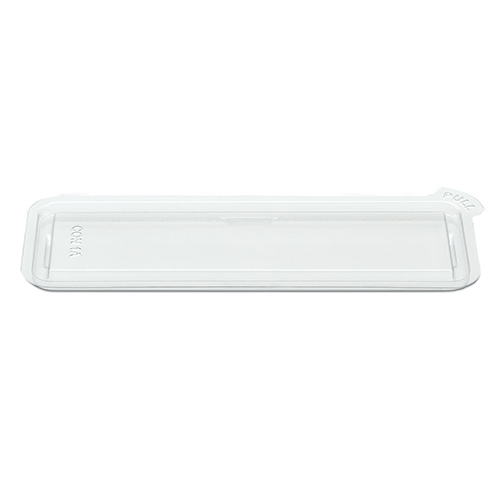 Clear rectangular plastic tray with raised edges and side tabs