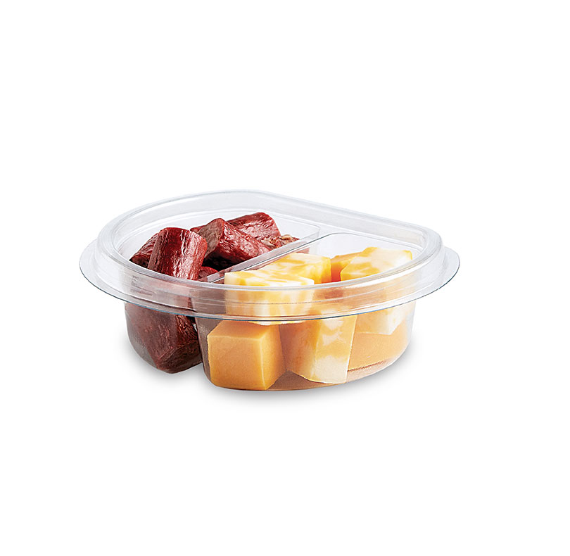 Clear container of beef jerky strips and cheese cubes