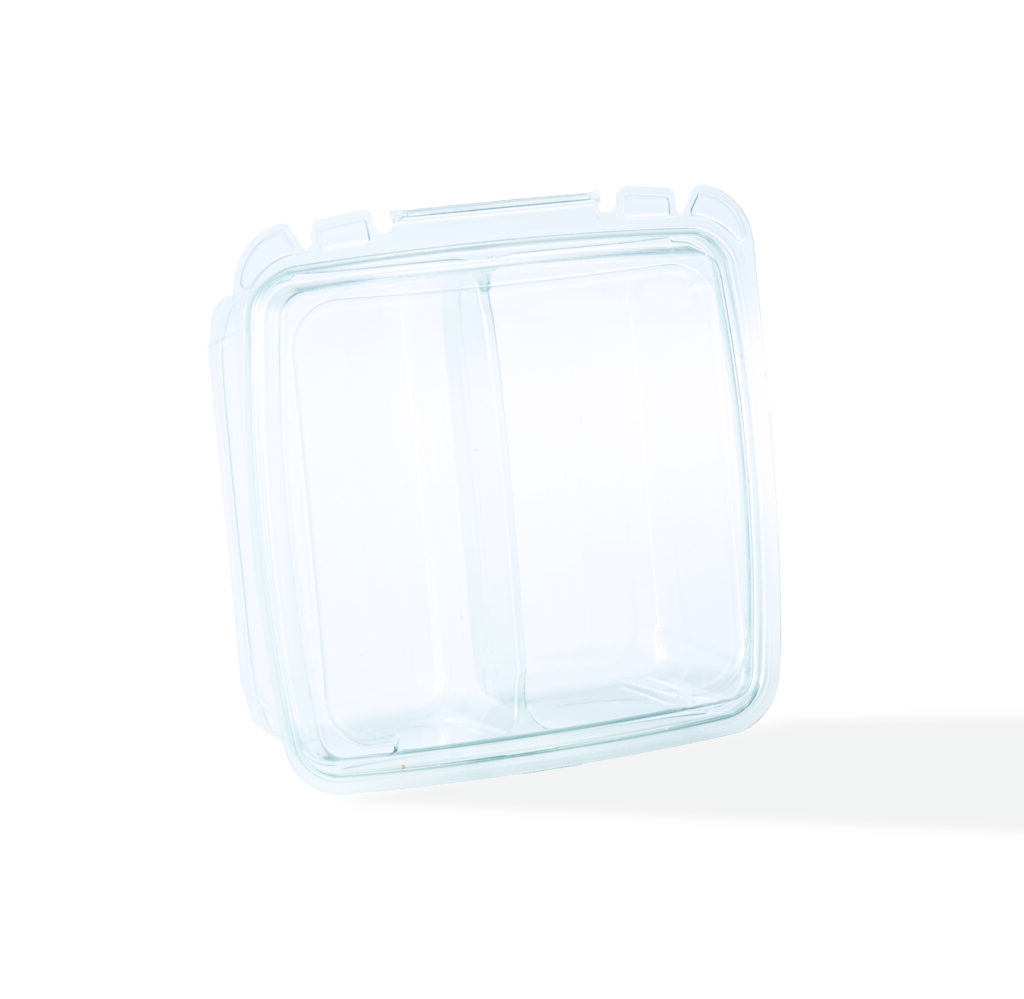 Empty rectangular glass food storage container with a clear lid and locking tabs