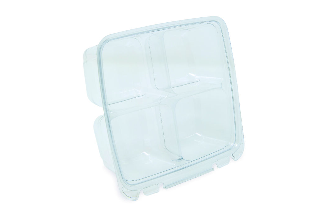 Clear plastic compartmentalized food storage container with a hinged lid open