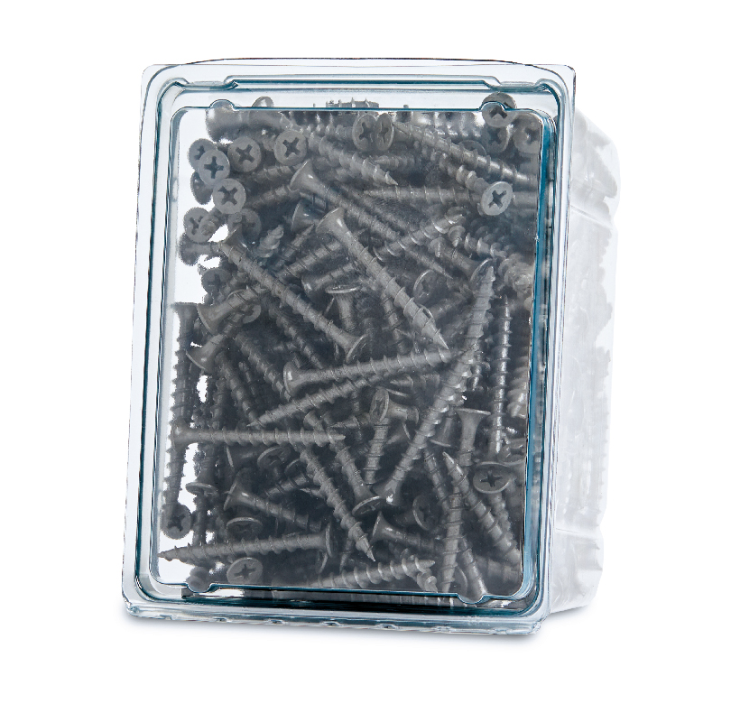 Clear container filled with gray Phillips-head screws