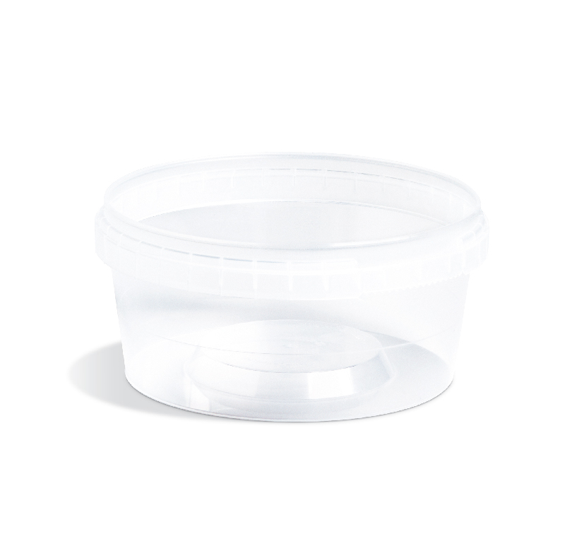 Clear plastic round container with a wide rim and shallow cylindrical shape