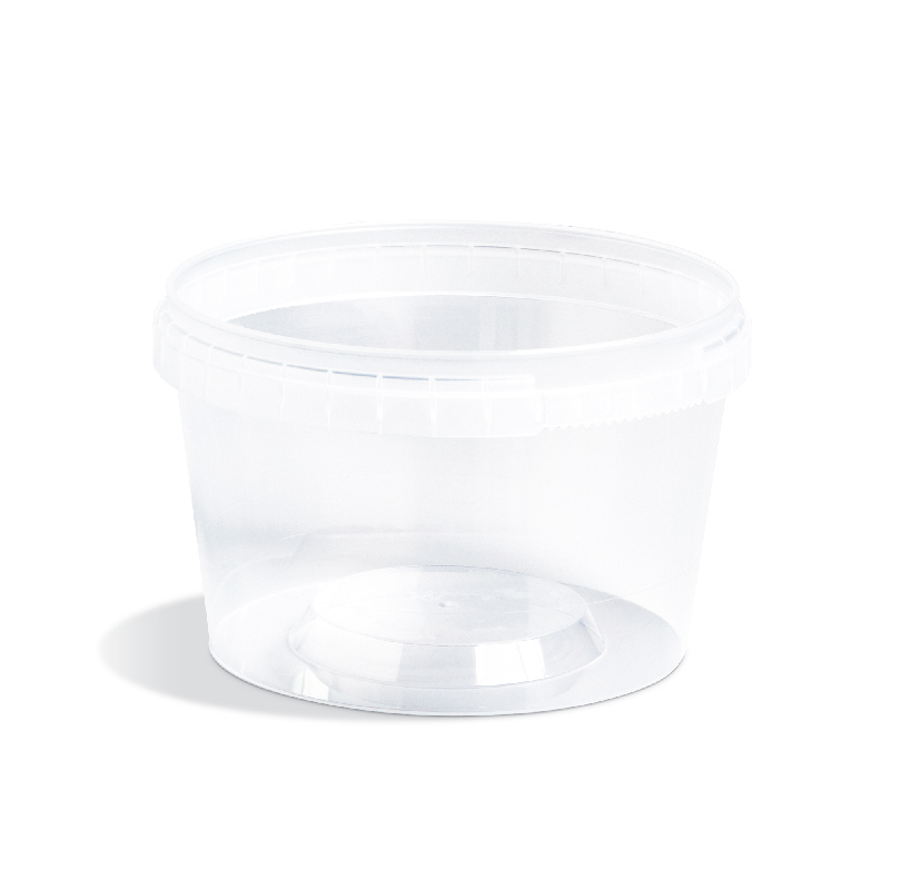 Clear plastic container with a lid and raised circular base