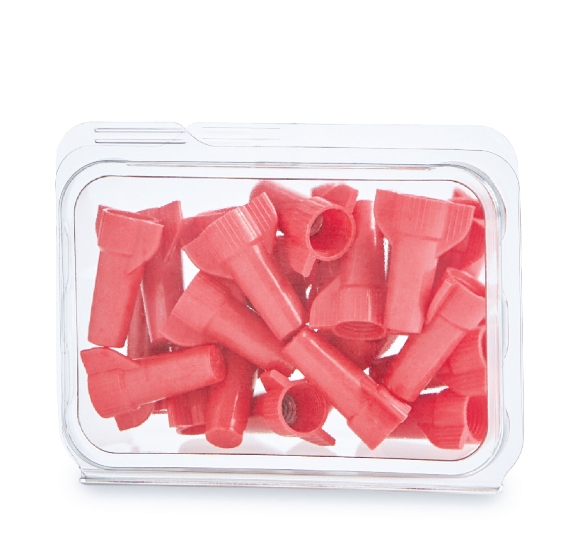 Clear package filled with red plastic caps