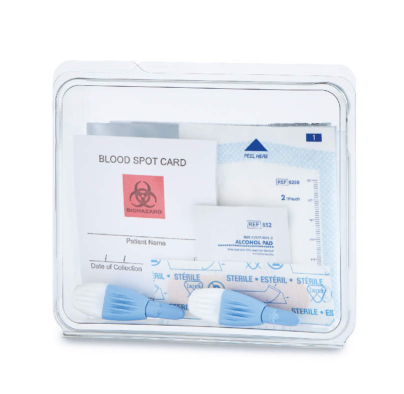 Blood spot collection kit with biohazard card, alcohol pad, sterile lancets, and specimen pouch