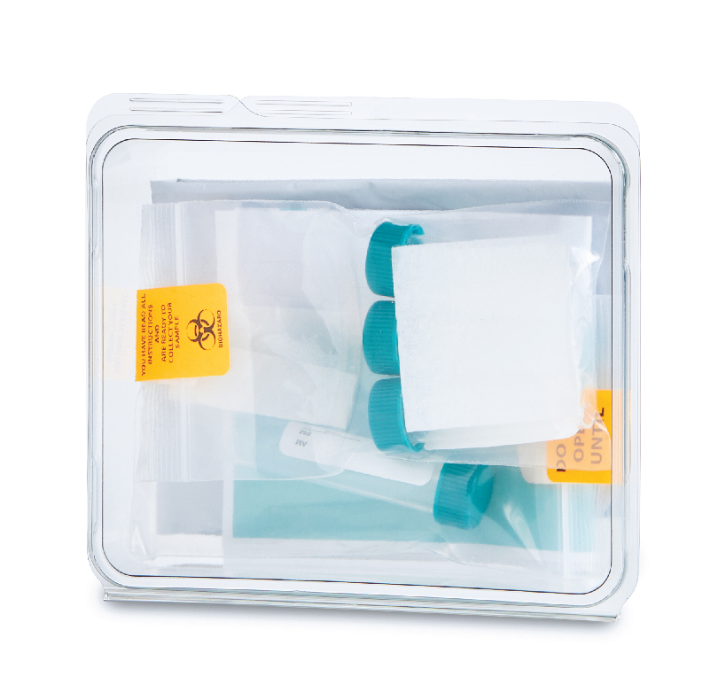 Sealed medical specimen kit with teal-capped tubes and a biohazard label
