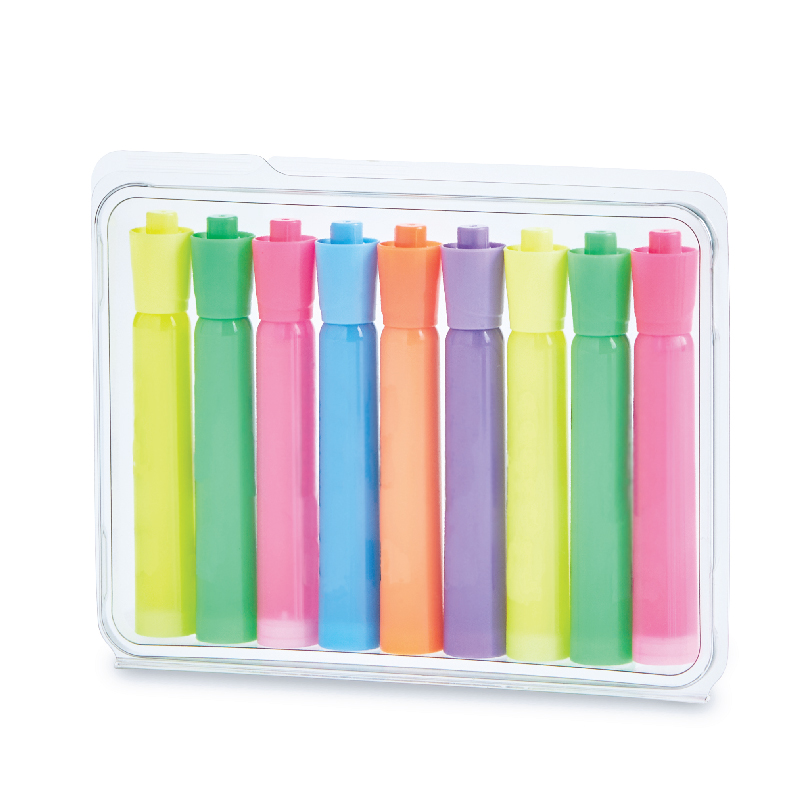 Nine colorful highlighters arranged in a clear case