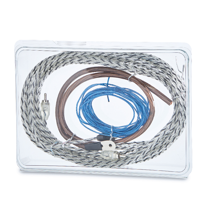 Coiled gray braided cable, brown wire, and blue wire with connectors in clear plastic packaging