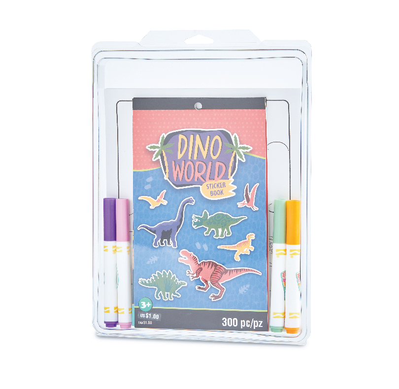 Dino World sticker book with dinosaur stickers and two markers in clear packaging