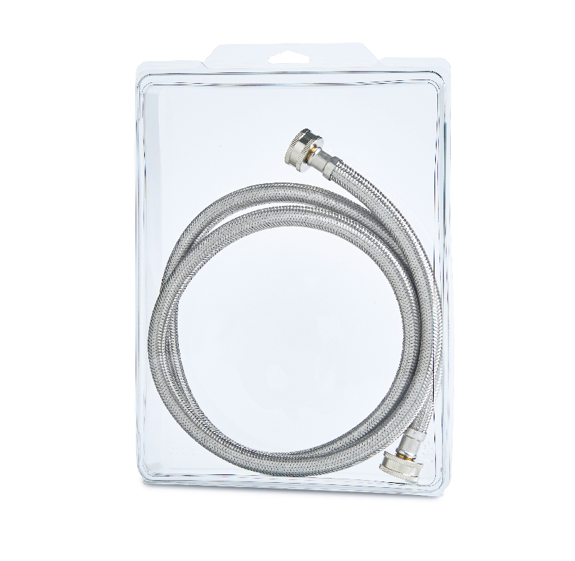 Braided stainless steel hose in clear retail packaging
