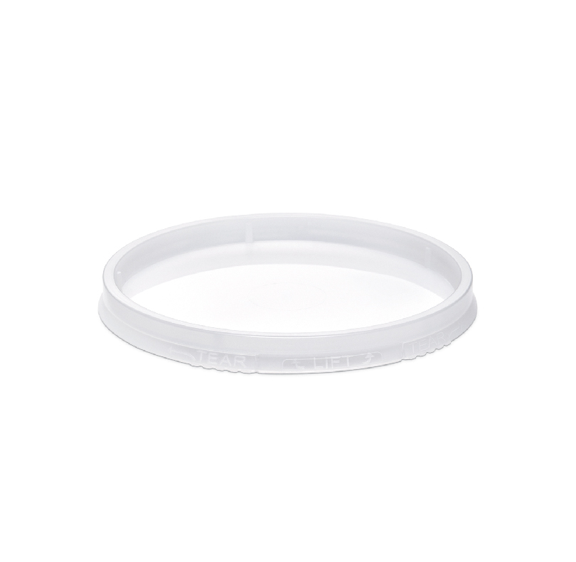 White plastic lid with a raised rim and pull-tab ring labeled “LIFT” and “TEAR”