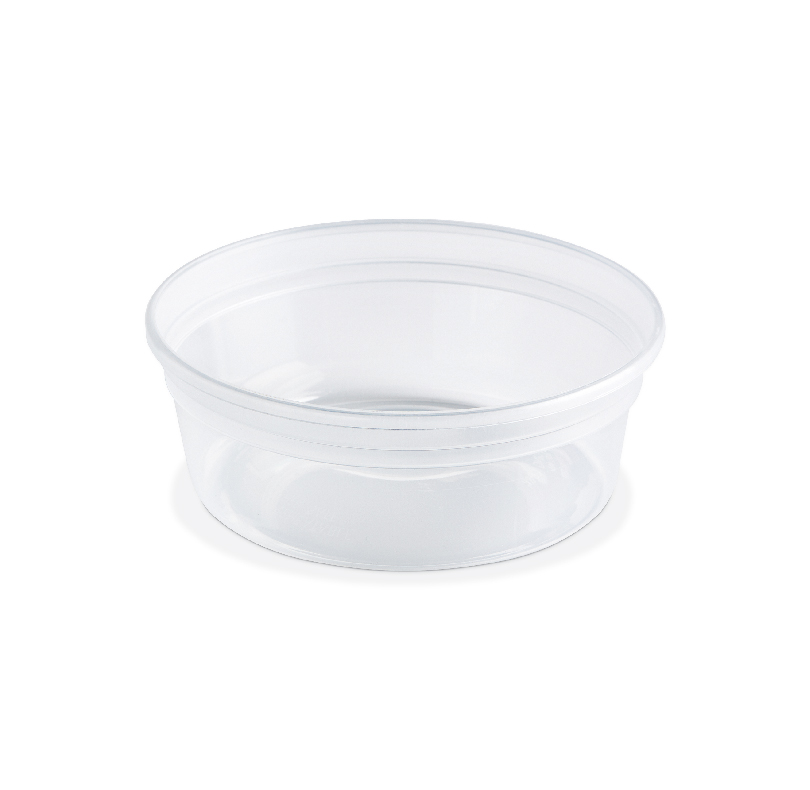 Clear plastic food storage container with a wide rim and no lid shown
