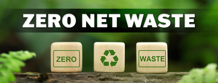 ZERO NET WASTE, with wooden blocks labeled ZERO and WASTE flanking a recycling symbol