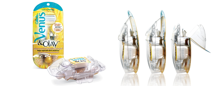 Gillette Venus & Olay razor package with the razor shown from multiple angles