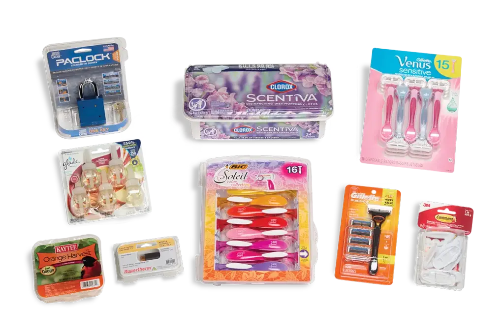 Collage of household and personal care products, including locks, disinfecting wipes, razors, air fresheners, hooks, and pet supplies