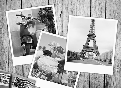 Black-and-white collage featuring a scooter, flowers, and the Eiffel Tower