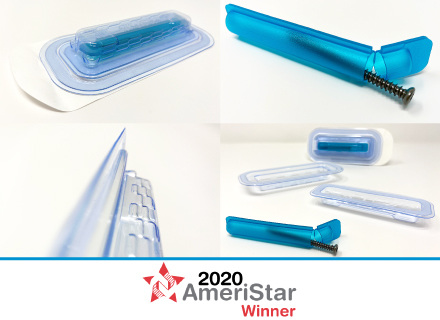 Collage of a translucent blue plastic device with a coiled metal spring, components, and a “2020 AmeriStar Winner” badge