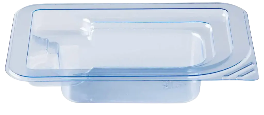 Translucent rectangular food storage container with a blue-trimmed lid