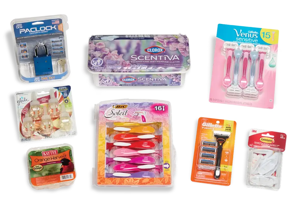 Collage of household and personal care products, including locks, cleaning wipes, razors, air fresheners, dough, and wall hooks
