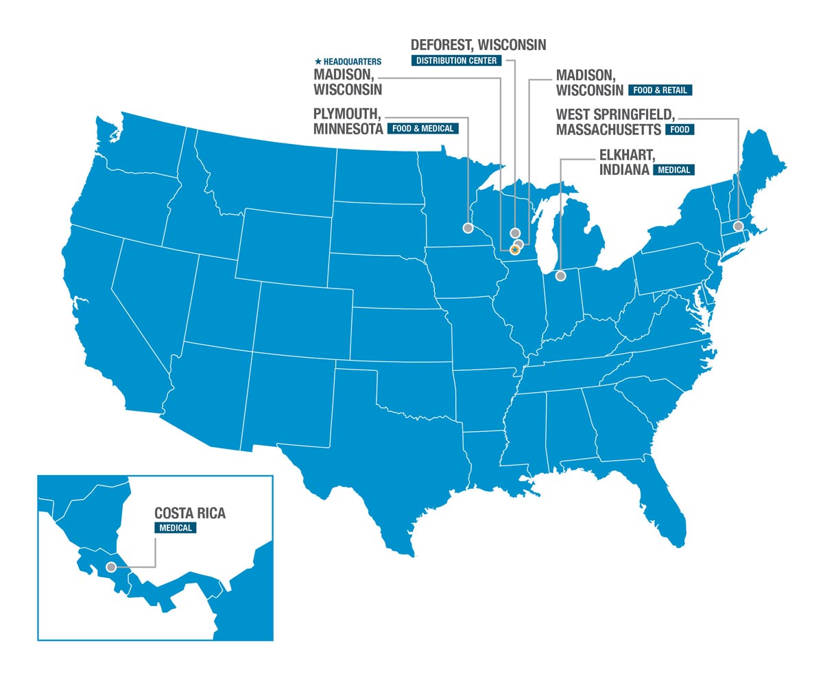 Map of company facilities across the U.S. and Costa Rica, including headquarters, distribution, food, retail, and medical sites