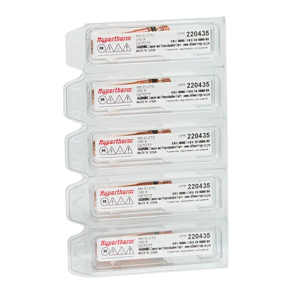 Five Hypertherm HPR 220435 plasma cutter electrodes in individual blister packs